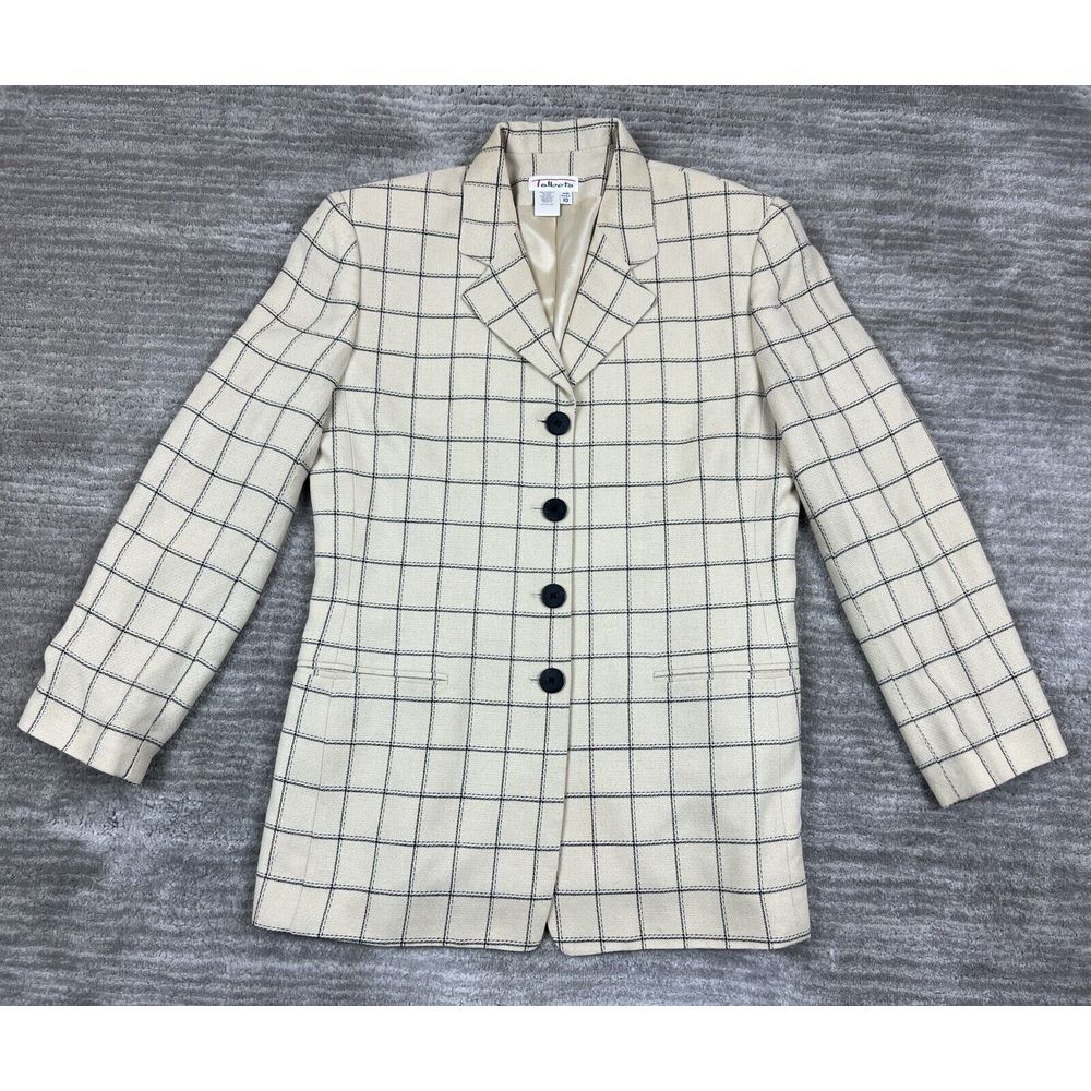 Talbots Blazer Womens 10 Beige Black Windowpanel Long Sleeve Padded‎ Coat Jacket